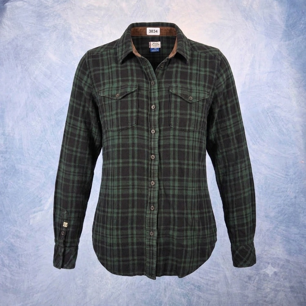 Kavu Womens Green Black Plaid Flannel Shirt Corduroy Elbow Patches Large